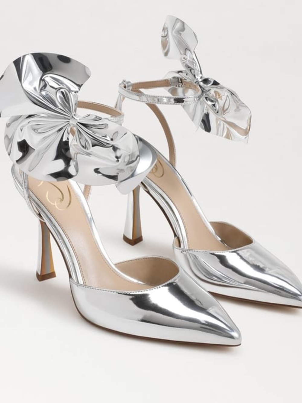 Sam Edelman Metallic Silver Pointed-Toe Bow Ankle-Strap Heels